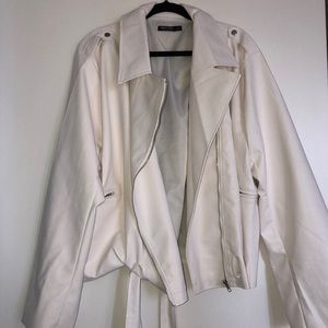 Oversized white leather moto jacket
